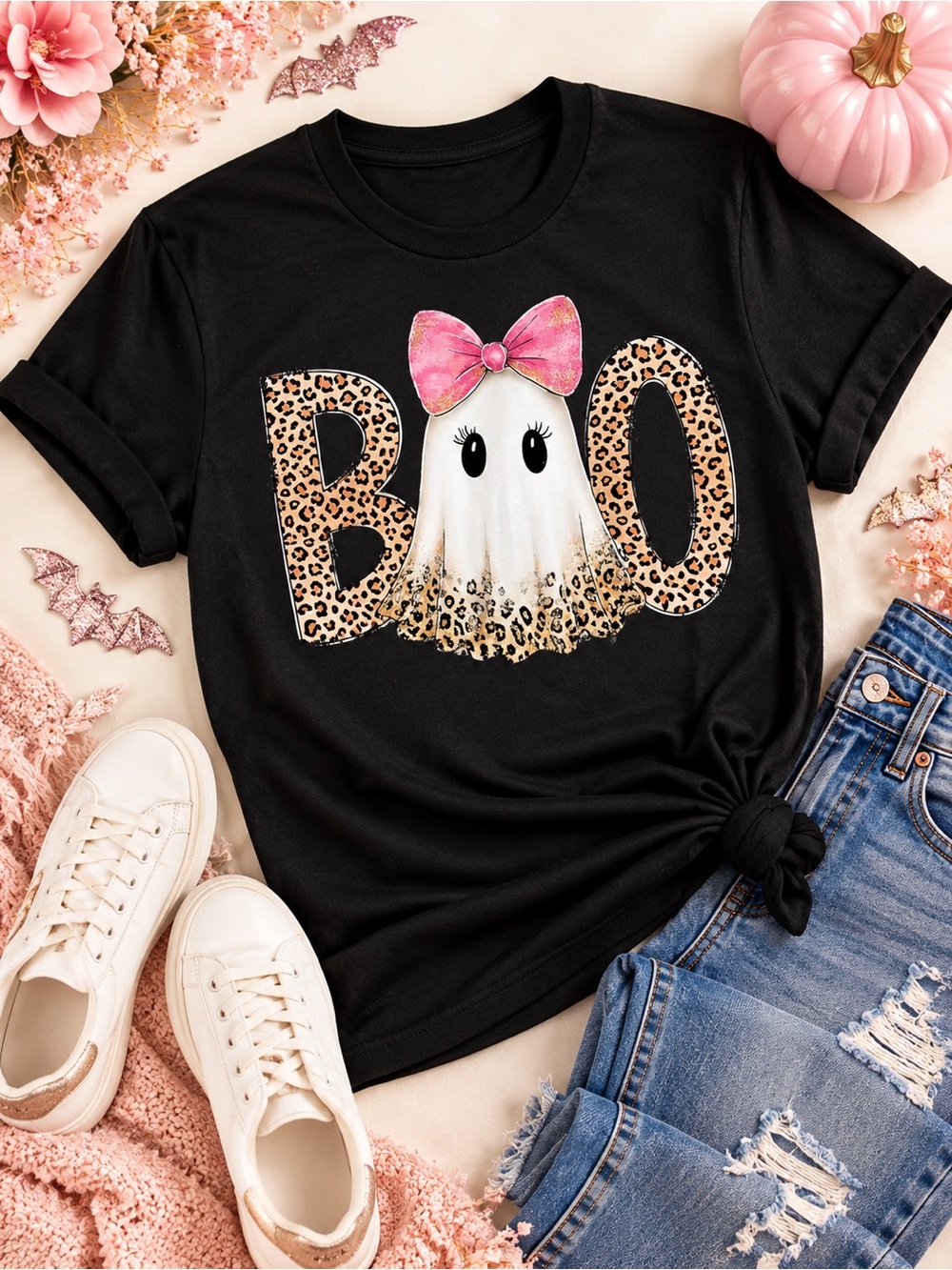Women’s Halloween Boo Ghost Leopard Print Graphic Tee Black Large NWT